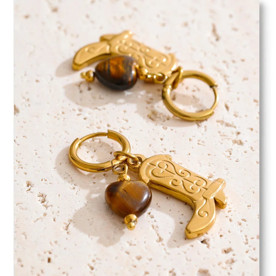 Natural Tiger Stone Boot Charm Drop Hoop Earrings, Stainless Steel Vintage Jewelry