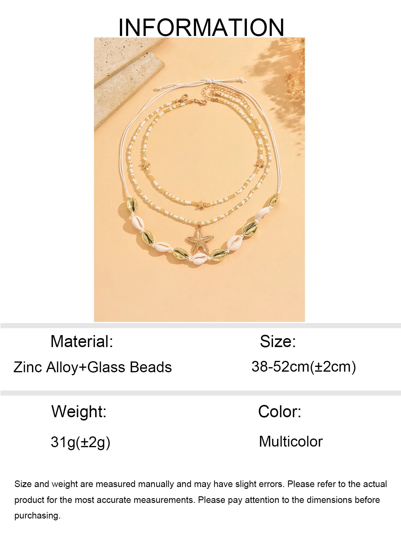 Women's Boho 3 Layered Cowrie Shell Starfish Beaded Necklace Summer Beach Festival Vacation Gift Fashion Jewelry Accessory