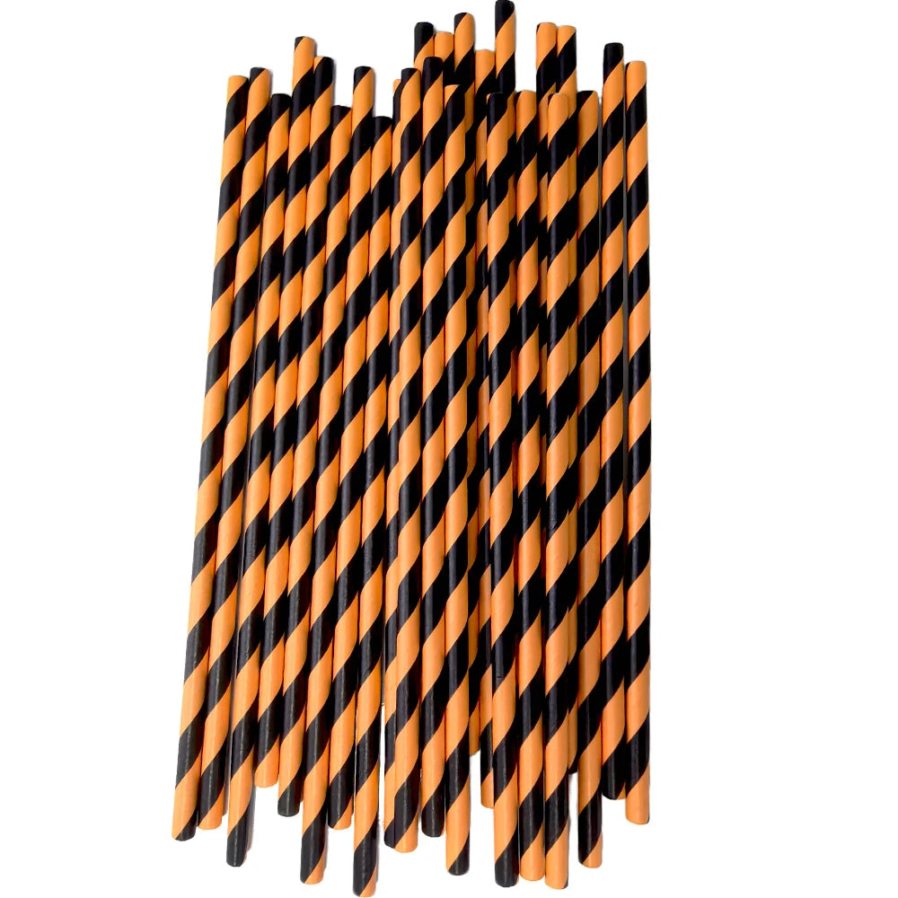 25/50/100pcs Halloween Party Favors Paper Straws Black and Orange Party Biodegradable Drinking Stripe Straws for Halloween - Charlie Dolly