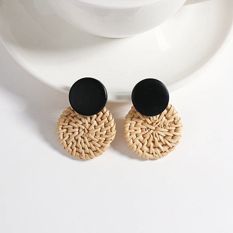 Wooden Rattan Braid Geometric Drop Earrings Jewelry