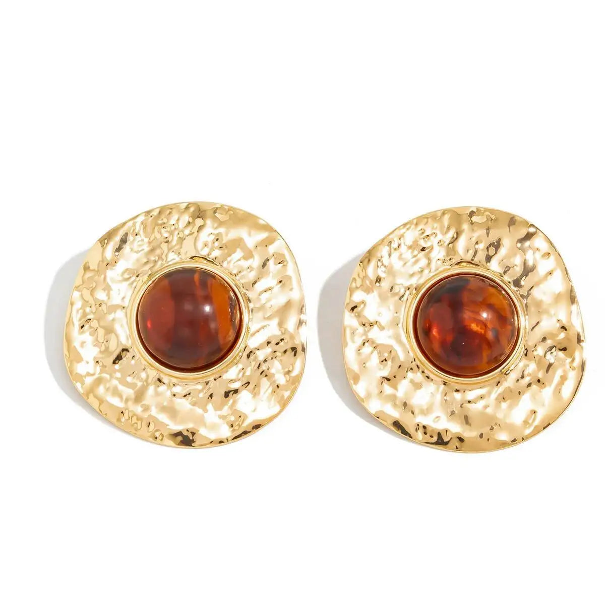 KunJoe Vintage Inlaid Brown Resin Acrylic Stud Earrings for Women Luxury Geometric Large Round Earrings Boho Vacation Jewelry