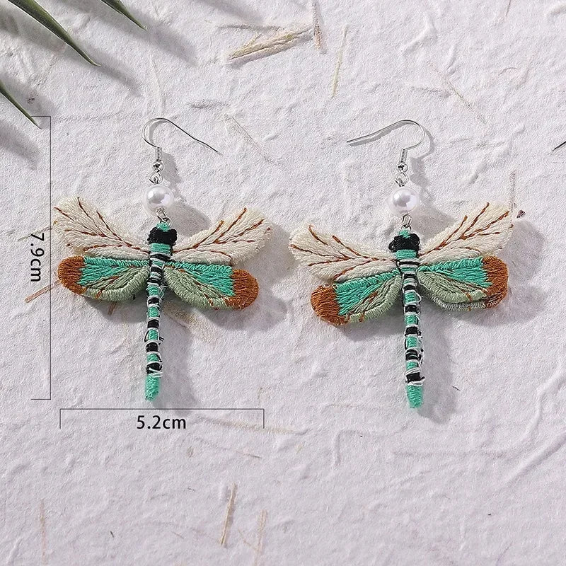 Boho Vintage Dragonfly Earrings - Handmade Embroidery Pendants Unique Fun Drop Earrings Bohemian Style Jewelry for Women Girls