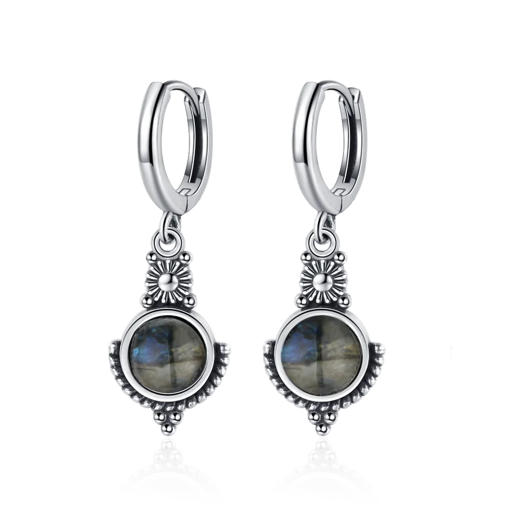 Natural Stone Sun Flower Hoop Earrings for Women, Vintage Antique Silver Turquoise Amethyst Labradorite Dangle Earring Wholesale