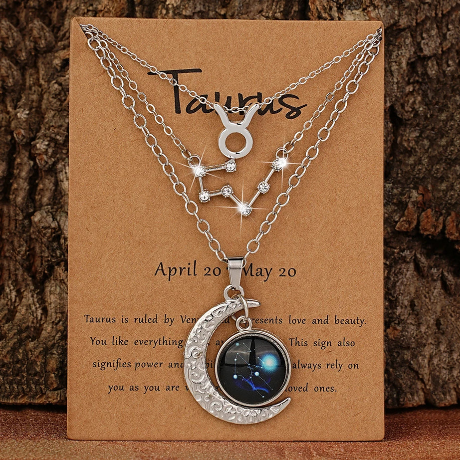 Zodiac Moon Glow Pendant Necklace Set of 3 with Birthstone Cards, Bestie & BFF Gift