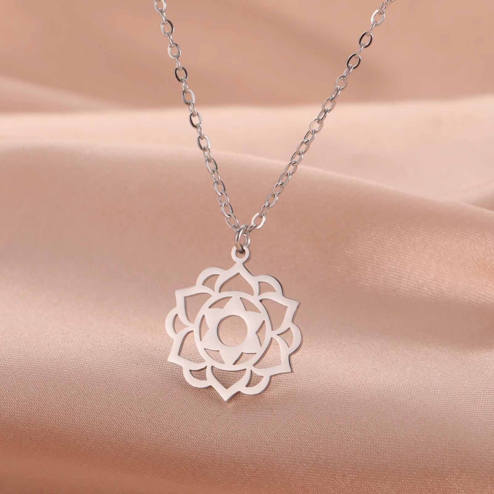 LIKGREAT Yoga Lotus Necklaces Stainless Steel Flower of Life Pendant Women Mandala Healing Buddha Spiritual Chakra Jewelry