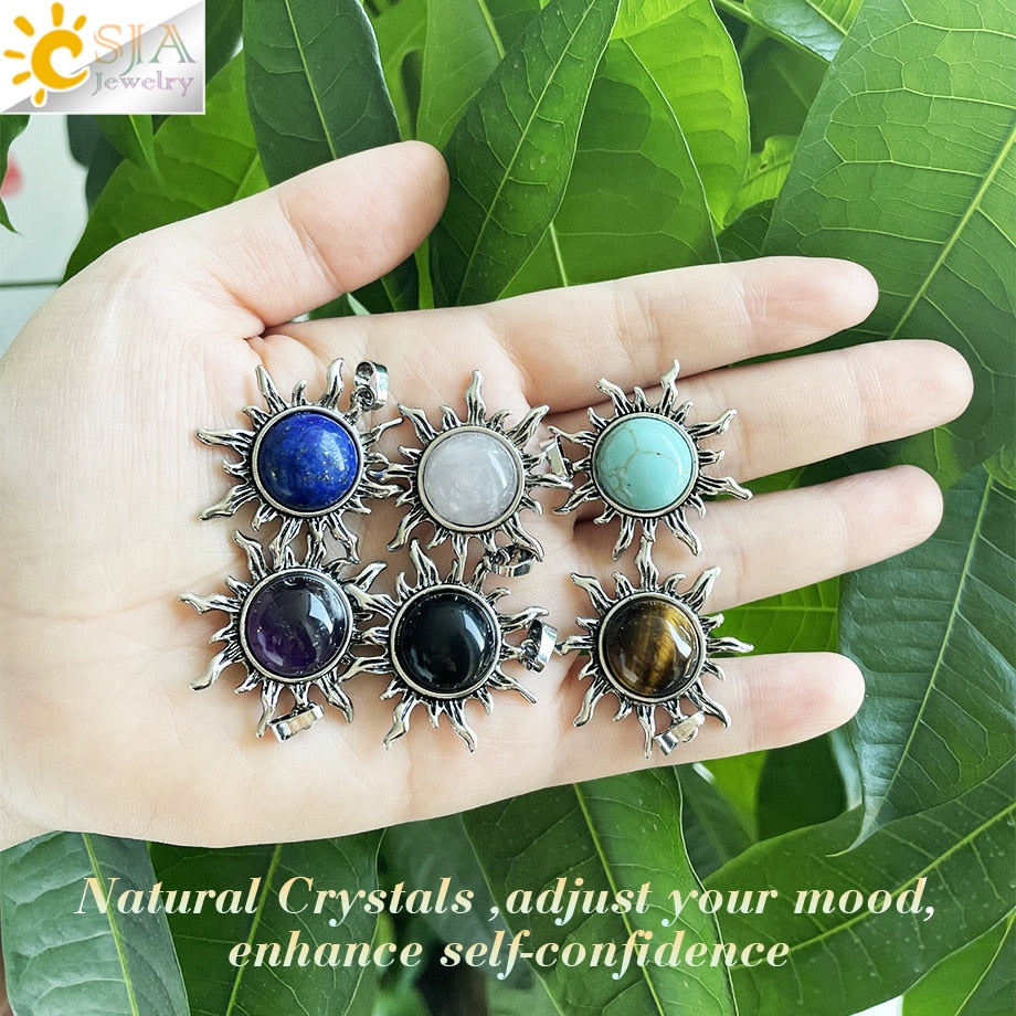 CSJA Vintage Sun Flower Pendant Natural Stone Crystal Necklace Genuine Round Amethysts Pink Quartz Obsidian Lapis Lazuli H120 - Charlie Dolly