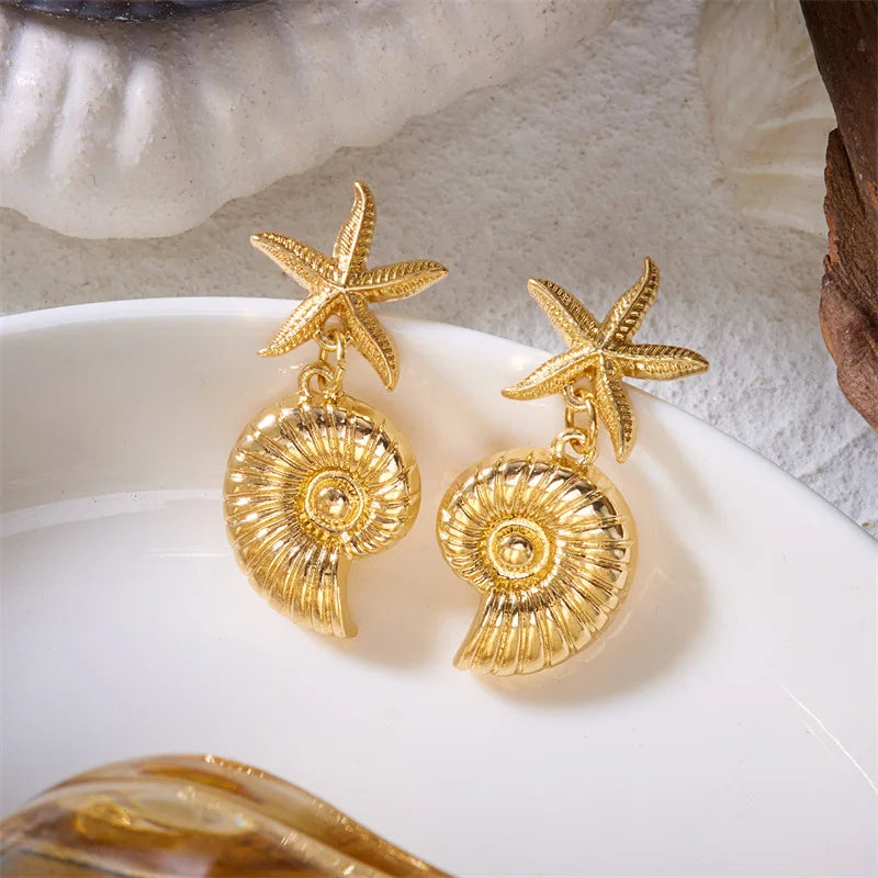 Boho Ocean Style Starfish Shell Pendant Earrings for Women Summer Seaside Conch Scallop Pearl Earring Summer Beach Charm Jewelry