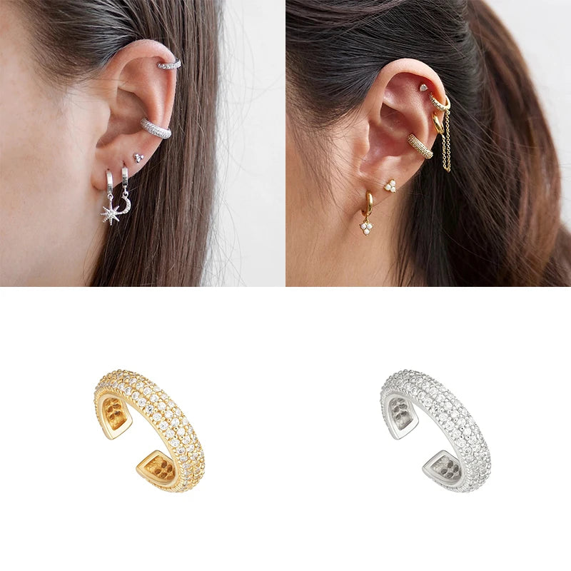 ROXI 925 Sterling Silver Luxury Three Rows Zircon Stone C Shape Ear Cuff for Women Girls Boho No Piercing Earrings Clip Earring