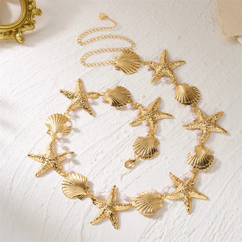 Boho Metal Starfish Shell Waist Chain for Women Summer Beach Sexy Pearl Beaded Belly Chain Bikini Party Vacation Jewelry