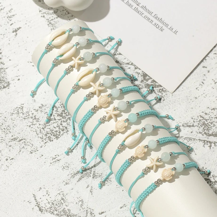 Shell, Starfish and Turtle Charm Braided Rope Bracelet Set (12 Pieces)