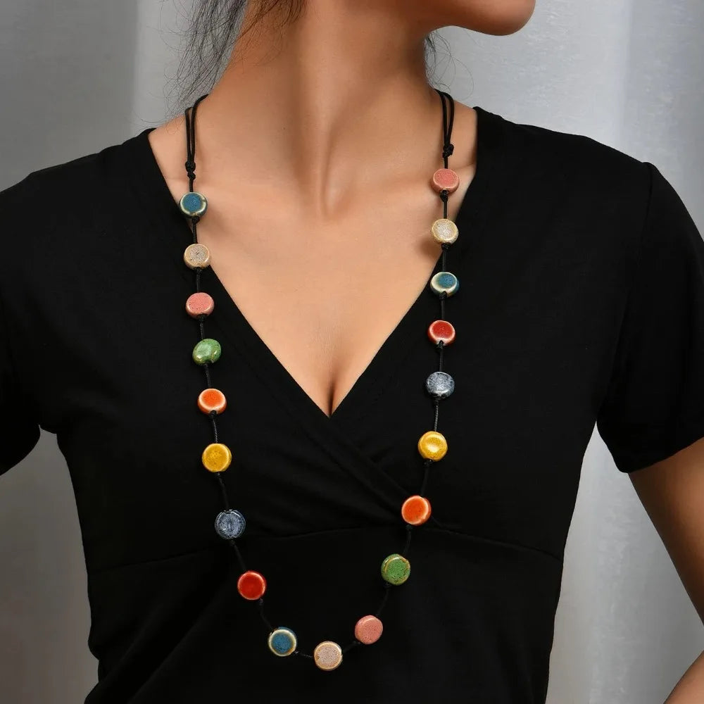 Colorful Ceramic Bead Woven Rope Necklace Jewelry
