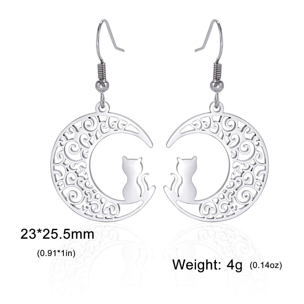 Lucktune Crescent Moon Cat Drop Earrings Stainless Steel Cute Kitten Animal Earrings for Women 2023 Goth Jewelry Birthday Gift - Charlie Dolly