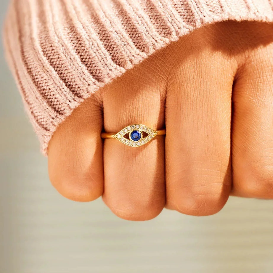 Evil Eye Protection Ring, 14K Gold Zirconia Turkish Nazar Amulet