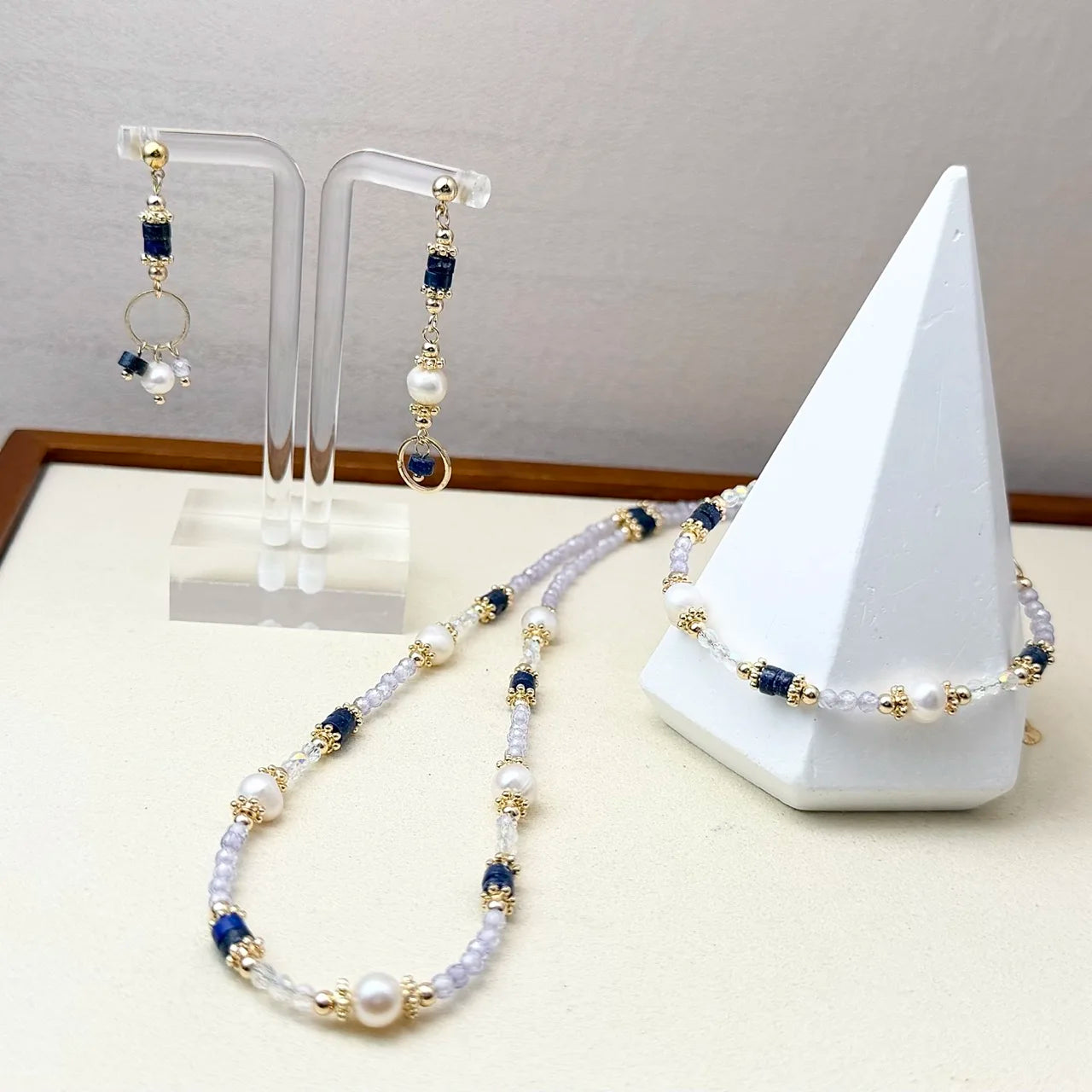 Lapis Lazuli Lavender Crystal Zircon & Freshwater Pearl Jewelry Set Necklace Bracelet Earrings 3 Piece Set Luxury High-End Style