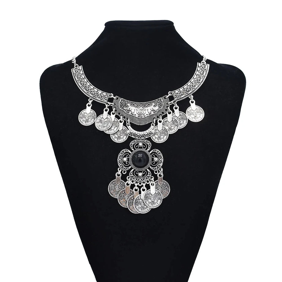 Turkish Coin Stone Tassel Bib Choker Necklace Jewelry