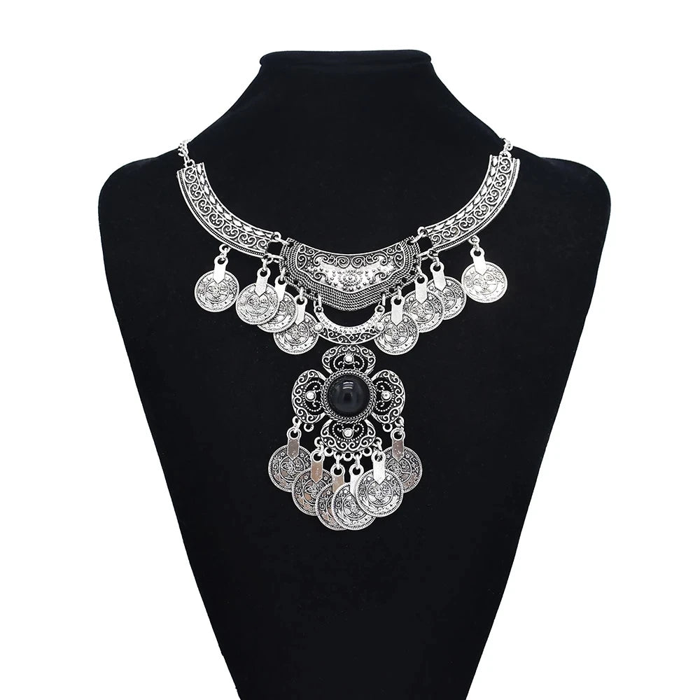 Turkish Coin Stone Tassel Bib Choker Necklace Jewelry