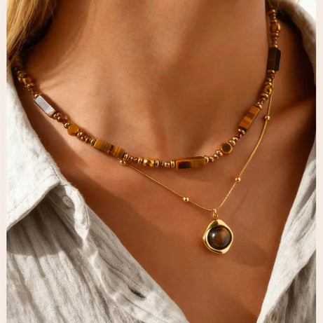 Natural Tiger Eye Necklace for Women, Boho Beaded Pendant Layered Collarbone Chain with Irregular Stone Jewelry - Charlie Dolly