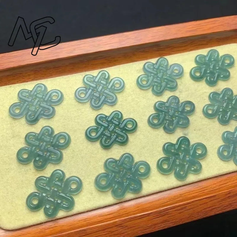 High2PC Natural Ice Blue Water Jade Chinese Knot Pendant Bead DIY Earrings Charm Jewellery Fashion Accessories Amulet Gift Women