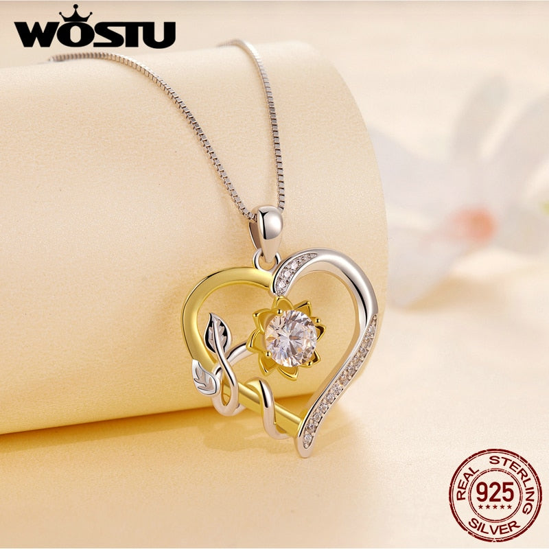 WOSTU 1.0 CT D Moissanite Heart Shape Sunflower Charm Necklace for Women Birthday Gift Double Color Yellow Gold 925 Silver Links - Charlie Dolly