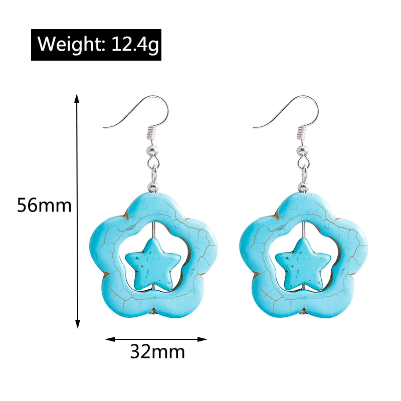 Boho Vintage Turquoise Water Drop Stud Earrings for Women Star Heart Flower Tribe Earring Statement Valentine Day Gift Jewelry