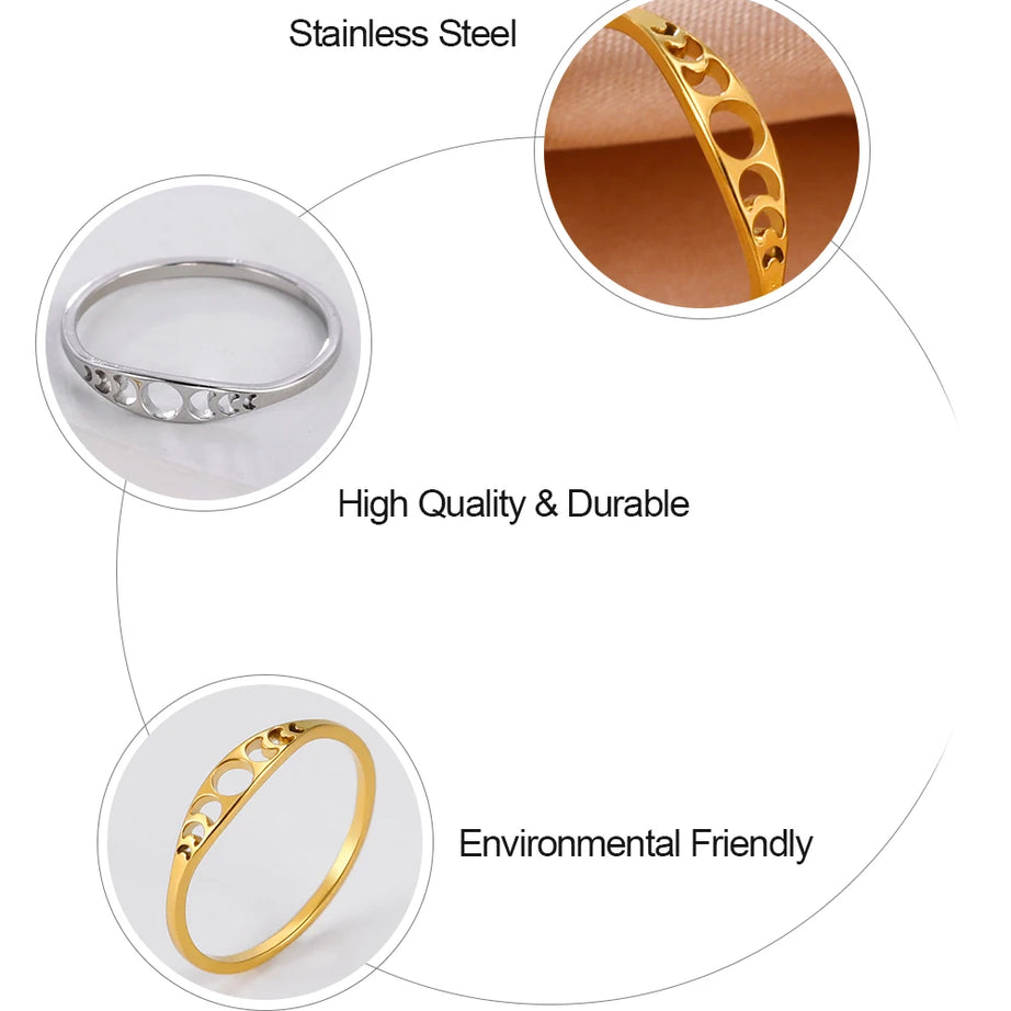 Moon Phase Couple Ring, Minimalist Stainless Steel Band Talisman