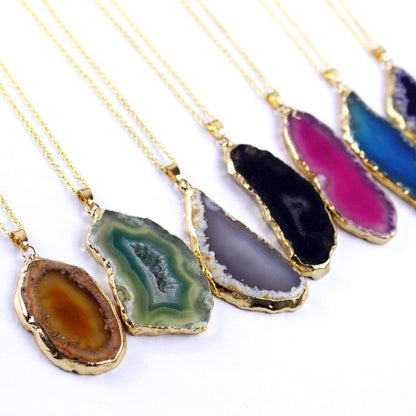 Fashion Irregular Magic Agate Piece Crystal Color Quartz Stone Natural Gold Pendant Necklace Jewelry Reiki Healing Gift