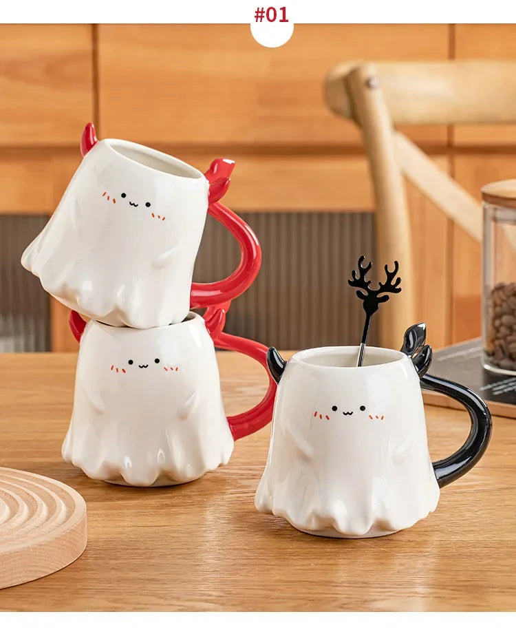 1pc 16oz Large Ceramic Halloween Devil Mug Adorable Cartoon Ghost Elf Kawaii Elves Porcelain Tea Cup Drinkware Gift for Kids - Charlie Dolly