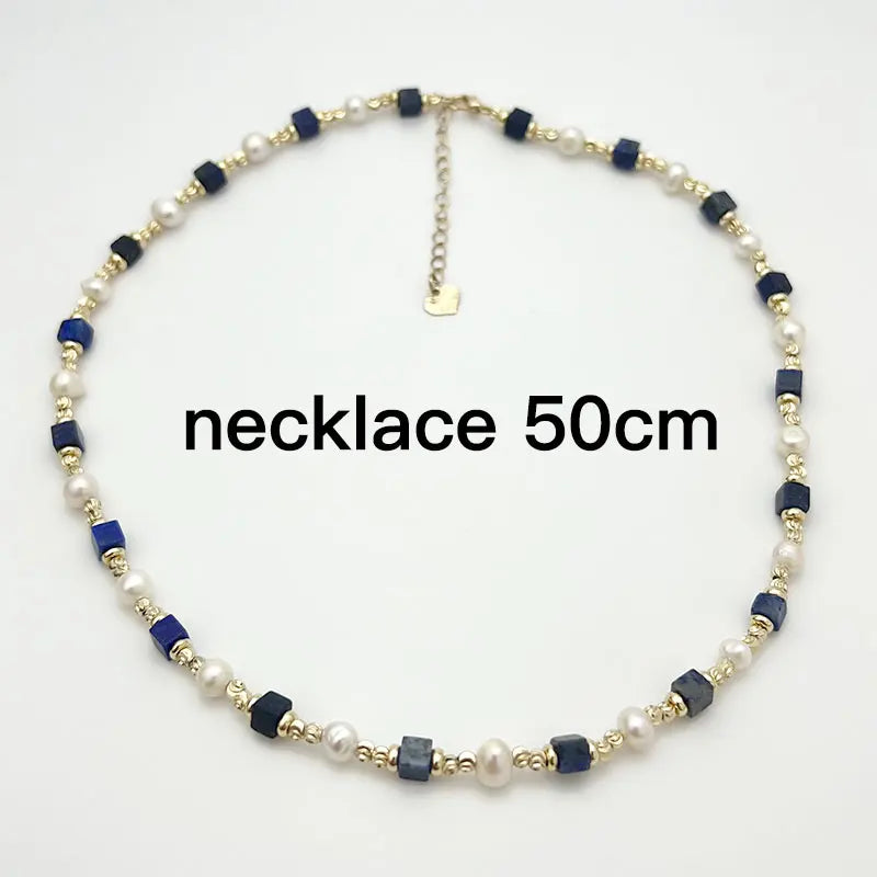 Natural Freshwater Pearl Necklace 4X4 lapis lazuli Bracelet Earring Plated 14K Gold Accessories