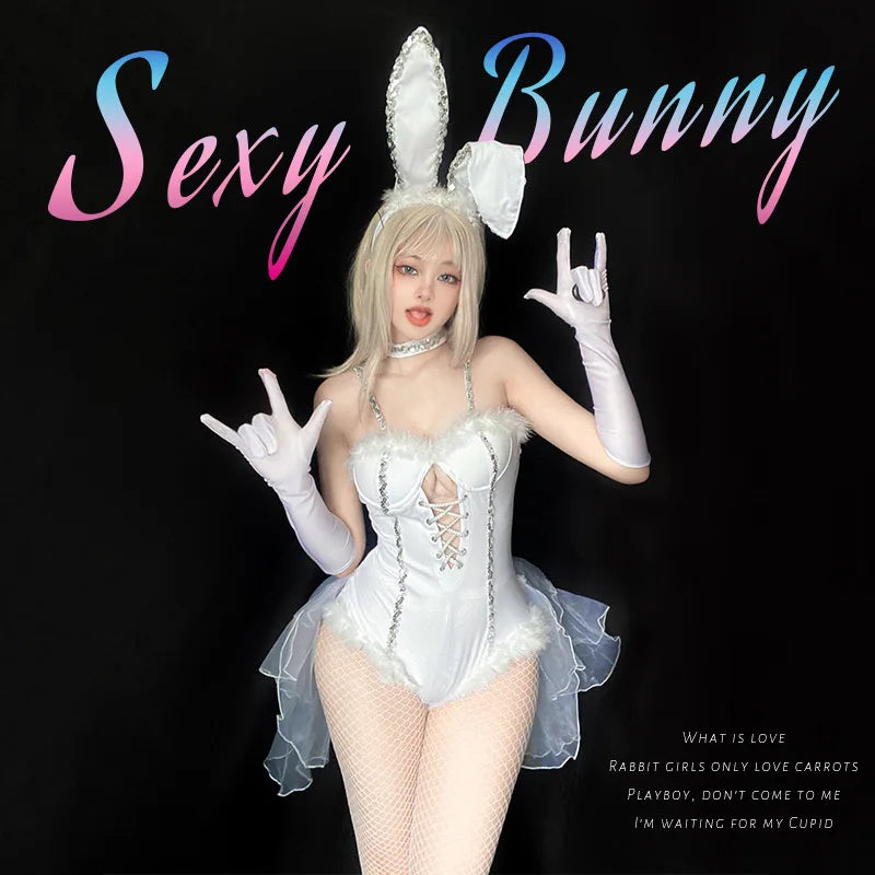 Sexy Rabbit Costume Cosplay White Bunny Girl Suspender Bodysuit Women Jumpsuit Set Halloween Stage Show Carnival Club Clothes - Charlie Dolly