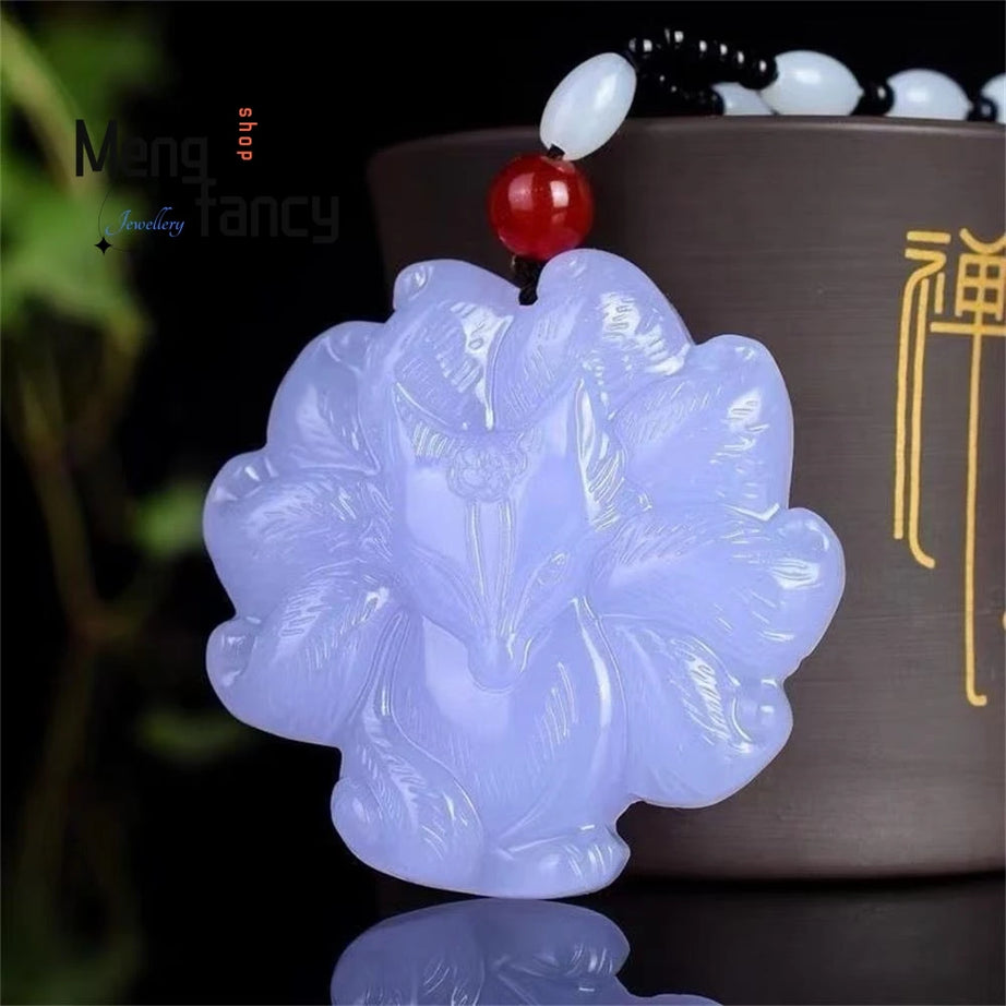 Nine-Tailed Fox Hetian Jade Pendant, Kitsune Sacred Amulet Necklace