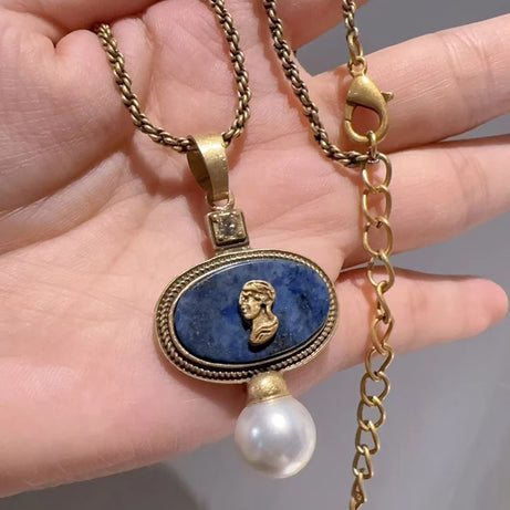 Vintage Cameo Jewelry Set Woman Avatar Pendent Pearl Necklace Lapis Lazuli Stud Earrings Blue Natural Stone Wedding Party 2026 - Charlie Dolly