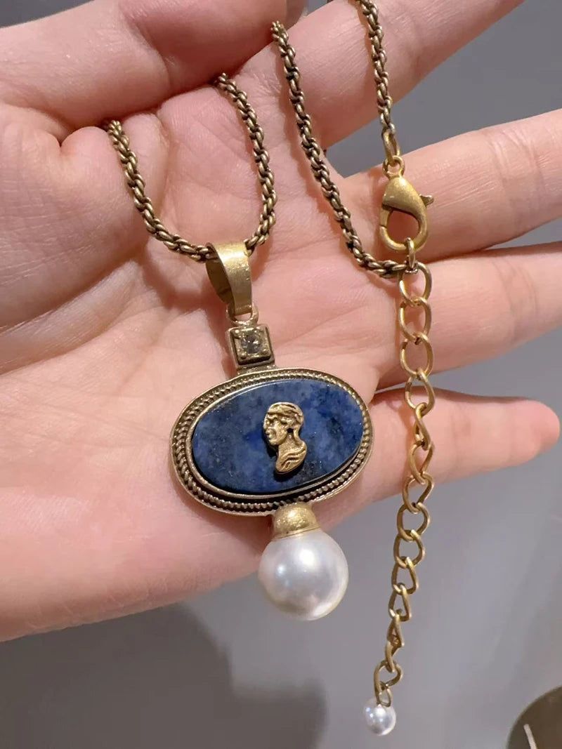 Vintage Cameo Jewelry Set Woman Avatar Pendent Pearl Necklace Lapis Lazuli Stud Earrings Blue Natural Stone Wedding Party 2026