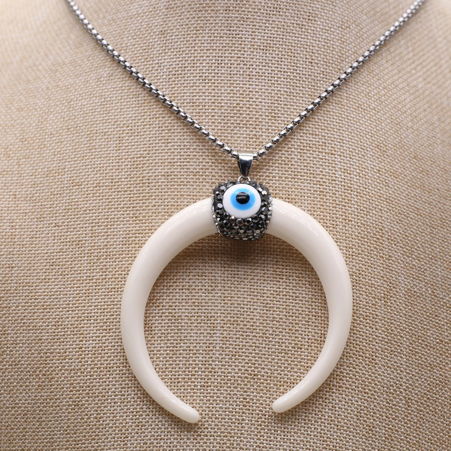 Natural Stone Horn Necklace Reiki Heal Turquoise Rhinestone Crescent Moon Pendant Stainless Steel Chain Boho Necklaces Jewelry - Charlie Dolly