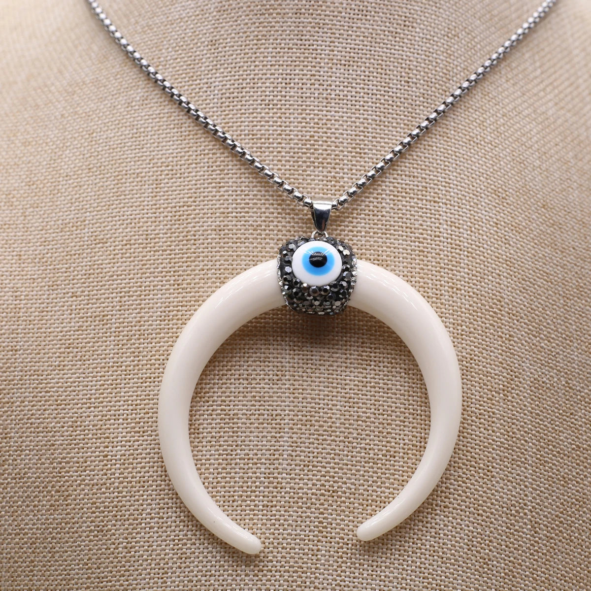 Natural Stone Horn Necklace Reiki Heal Turquoise Rhinestone Crescent Moon Pendant Stainless Steel Chain Boho Necklaces Jewelry