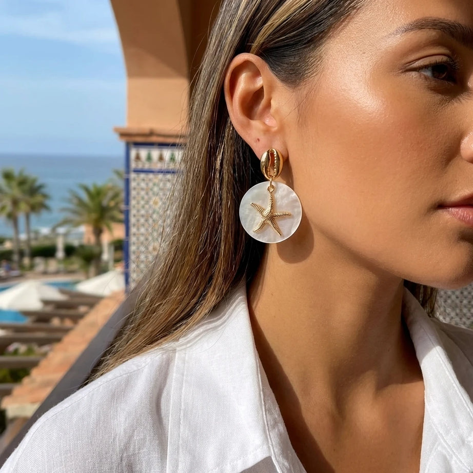 Tropical Cowrie Shell and Pearl Starfish Drop Earrings
