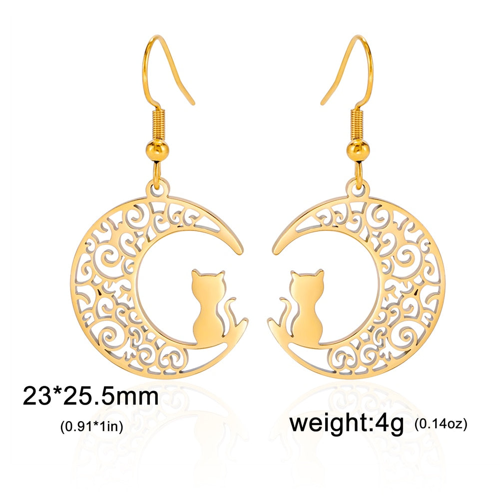 Lucktune Crescent Moon Cat Drop Earrings Stainless Steel Cute Kitten Animal Earrings for Women 2023 Goth Jewelry Birthday Gift - Charlie Dolly