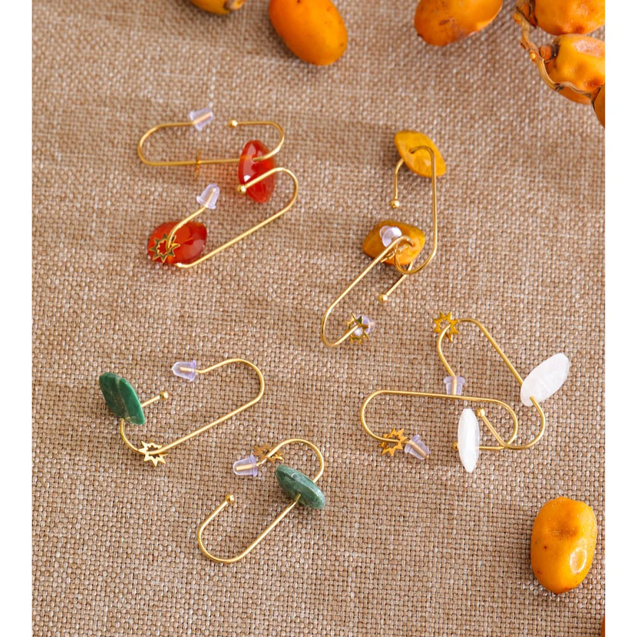 Natural Stone Square Drop Earrings, Tiger Eye Agate 14K Gold Waterproof Stainless Steel Jewelry