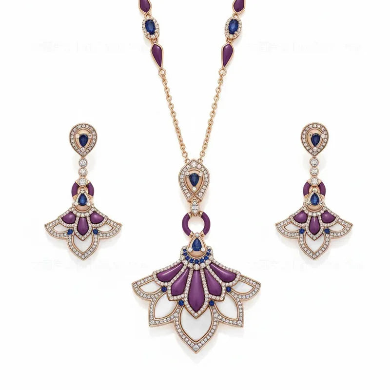 Designer Collection Stud Earrings Necklace Women Lady Inlay Cubic Zircon Mother Of Pearl Lapis Lazuli Dinner Party Jewelry Set