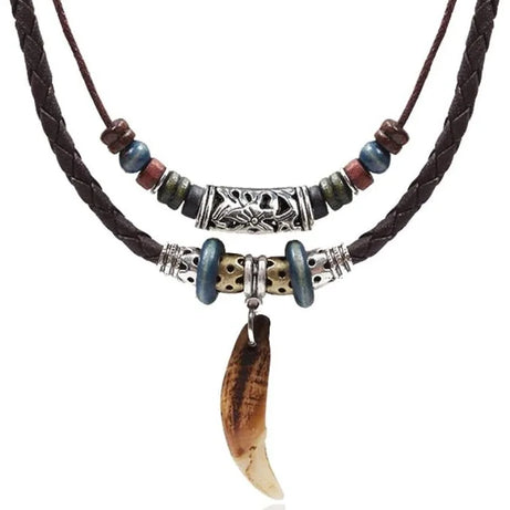 Braided Leather Cross Teeth Pendant Necklace Jewelry
