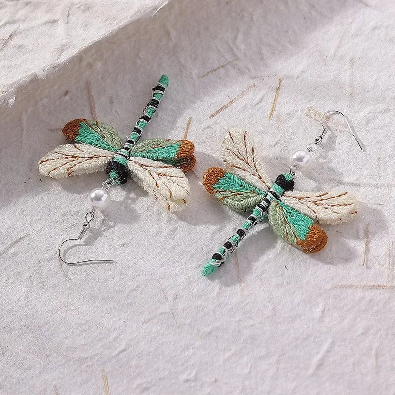 Boho Vintage Dragonfly Earrings - Handmade Embroidery Pendants Unique Fun Drop Earrings Bohemian Style Jewelry for Women Girls