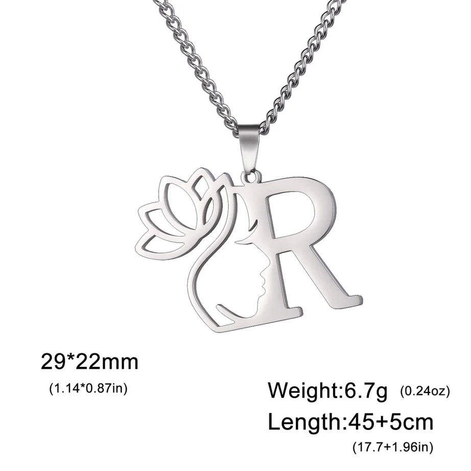 Lotus Flower Initial Letter Pendant, Personalized Stainless Steel Necklace