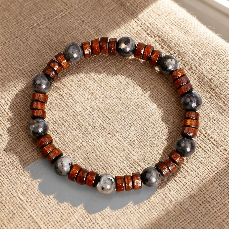 Natural Stone & Wood Bead Boho Protection Bracelet, Handmade Grounding Talisman