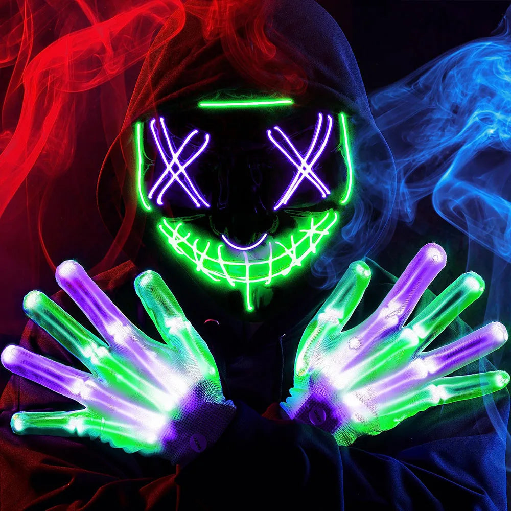 Halloween Mask Skeleton Gloves Set Light Up Scary LED Mask with Glow Anonymous Carnival Costumes glow purge Masks for Boys Girl - Charlie Dolly