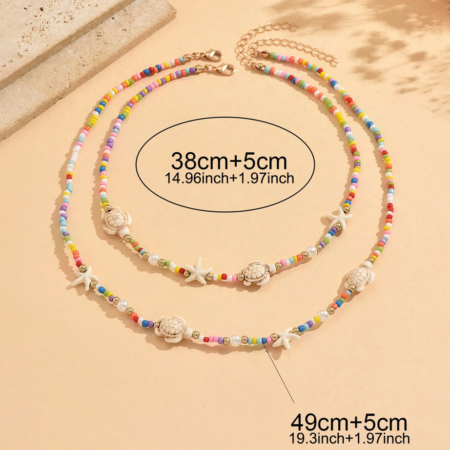 Turtle Starfish Beaded Layered Choker Necklace Jewelry