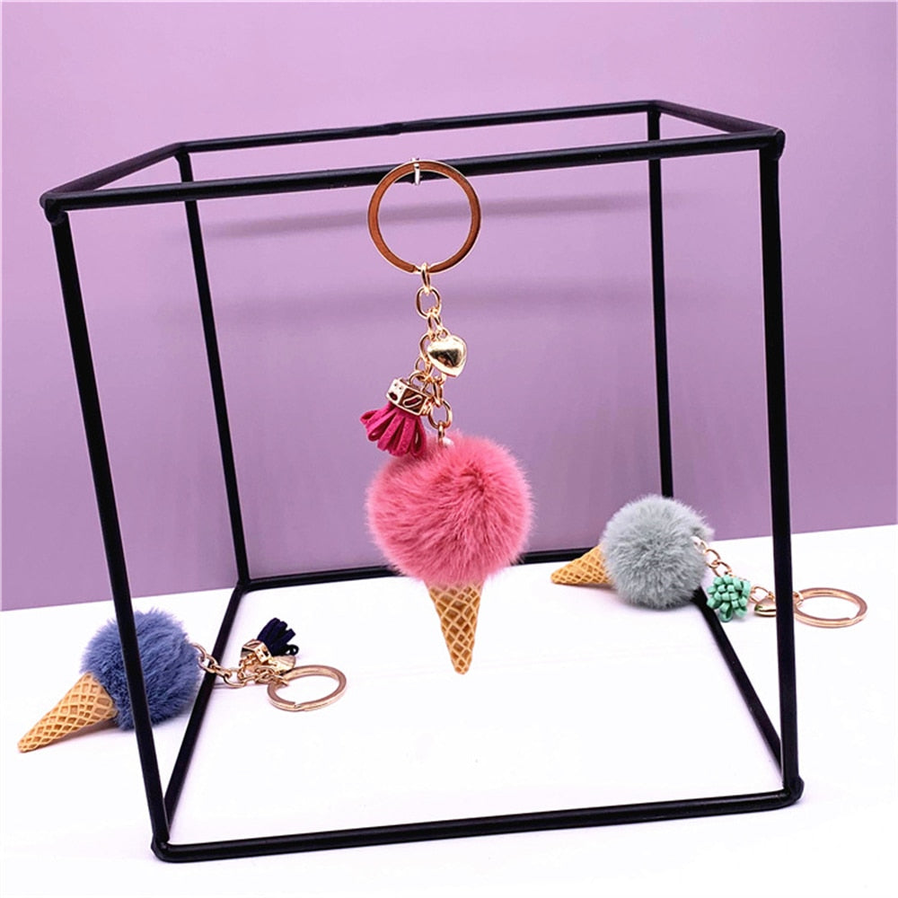 1pc Fashion Cute Mini Ice Cream Key Ring With Tassel Student Fluffy Pom Pom Velvet Plush Keychain For Girls Bag Decoration Gift - Charlie Dolly