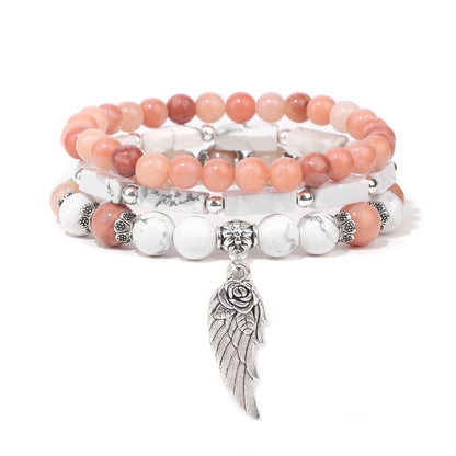 Handmade Silver Color Rose Angel Wing Pendant Bracelet Natural Pink Quartz Crystal Beads Charm Bracelet Women Romantic Jewelry