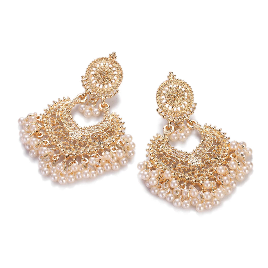 Gold Carved Heart Pink Bead Jhumka Earrings Jewelry