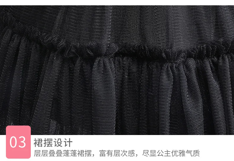 Wednesday Adams Children's Clothing Girls' New Mesh Flying Sleeves Solid Color Party Dress Halloween Gothic Style Cosplay Dress - Charlie Dolly