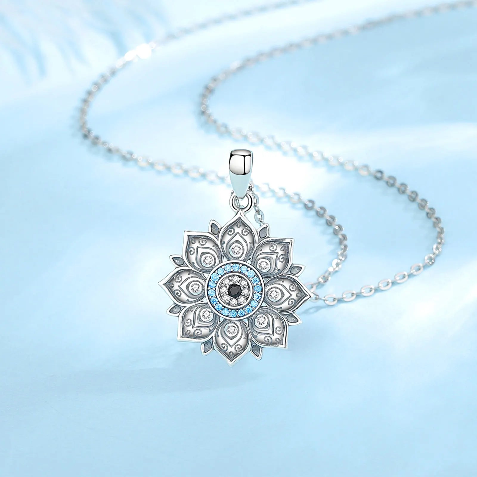 Eudora 925 Sterling Silver Lotus Evil Eye Necklace for Women Man Vintage Evil Eye Lotus Flower Pendant Personality Jewelry Gift