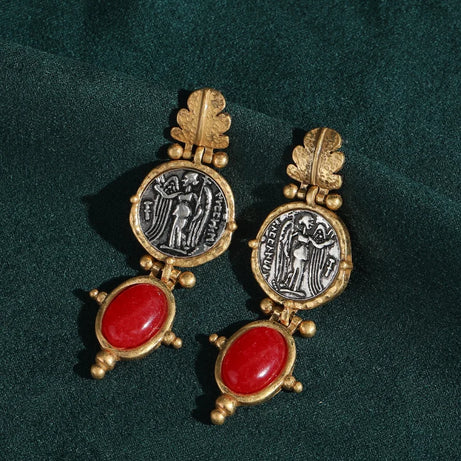 Vintage Emerald Green Stone Dangle Earrings, Antique Gold Coin Boho Jewelry